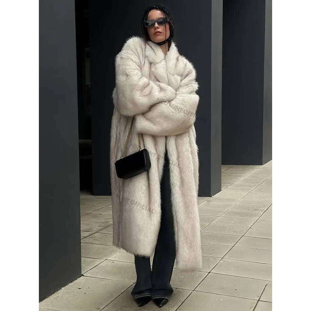Neo Mint 2024 Winter Warm Fluffy Gradient Eco Jacket Women Long Faux Fox Fur Coat Street Furry Outerwear Overcoat