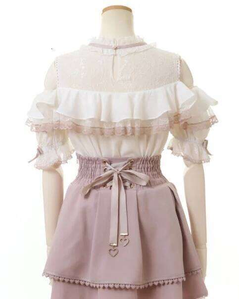 Japanese Mine Style Sweet Off-Shoulder Ruffle Color-Blocking Bow Shirt Short Sleeve Lace Blouses Women Blusas Top