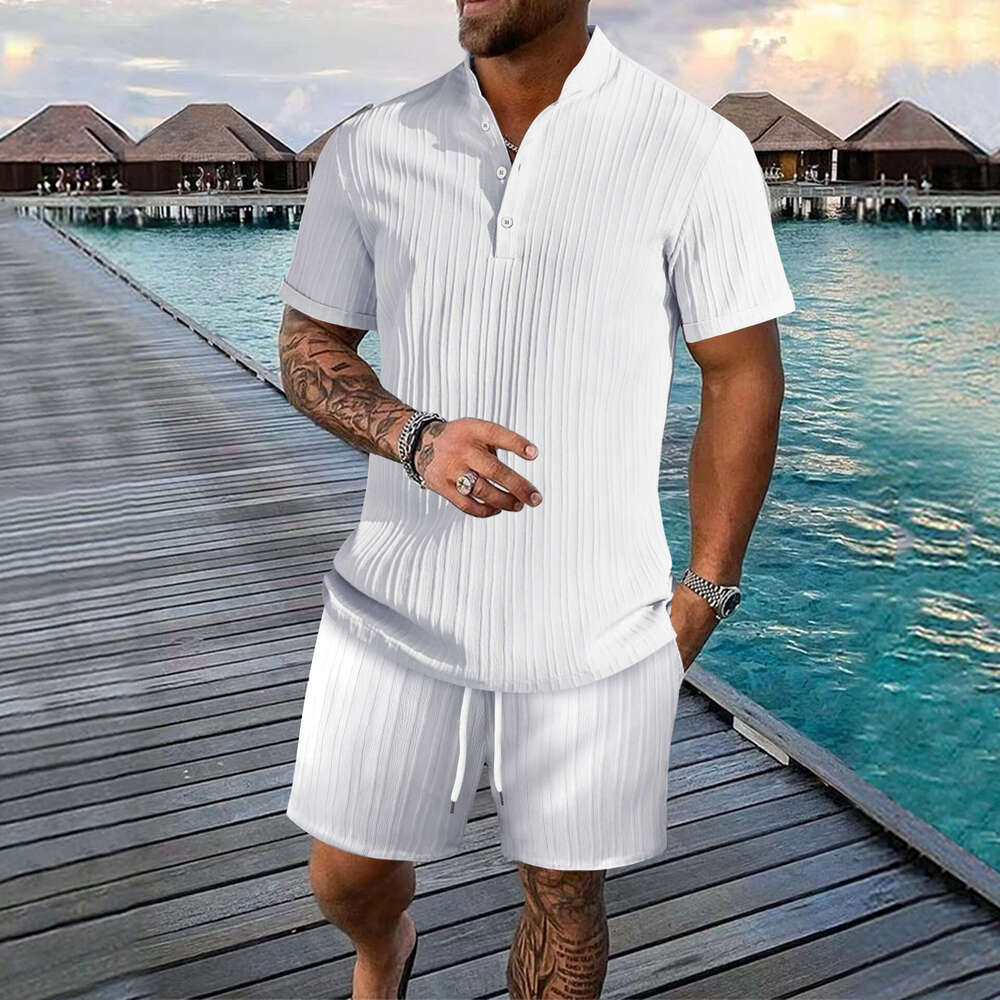 Summer Men's Casual Loose Short Sleeve Shirt And Shorts Beach Set B5