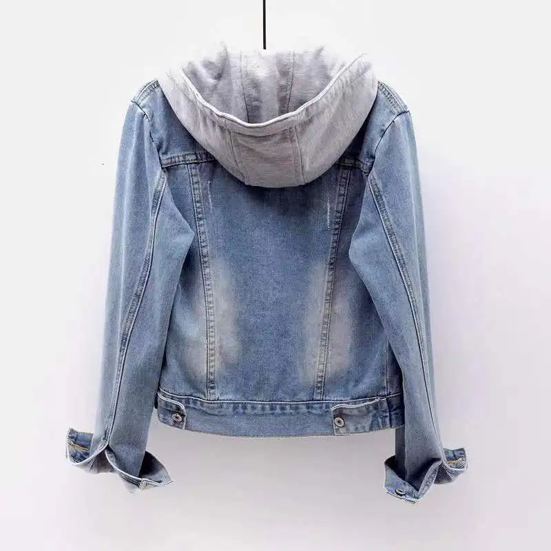 Spring Autumn Denim Jacket Women Single Breasted Patchwork Hooded Crop Coats Korean Fashion Casual Streetwear Outerwear 250609