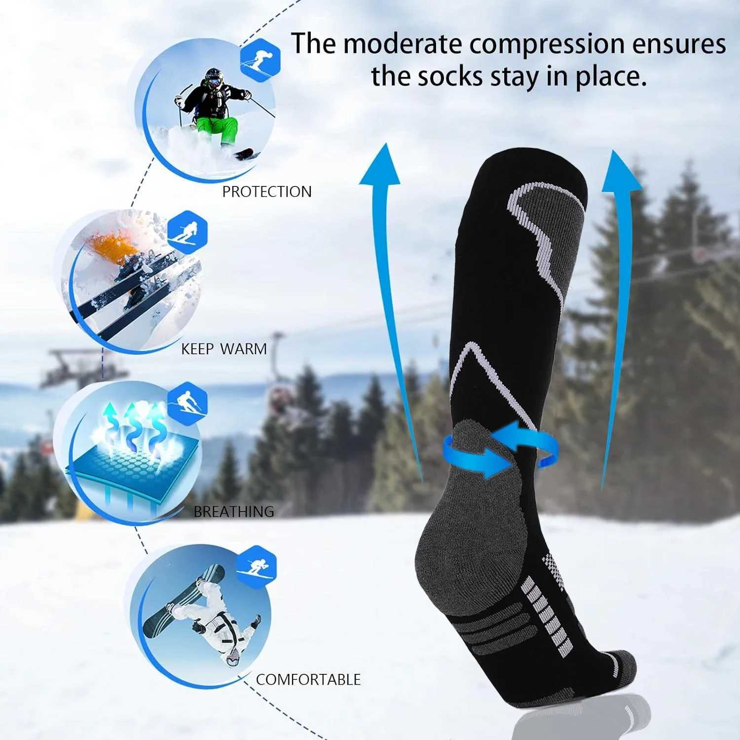 2 Pairs Ski Socks Cold Weather Socks for Snowboarding Snow Winter Thermal Knee-high Warm Hunting Z250610