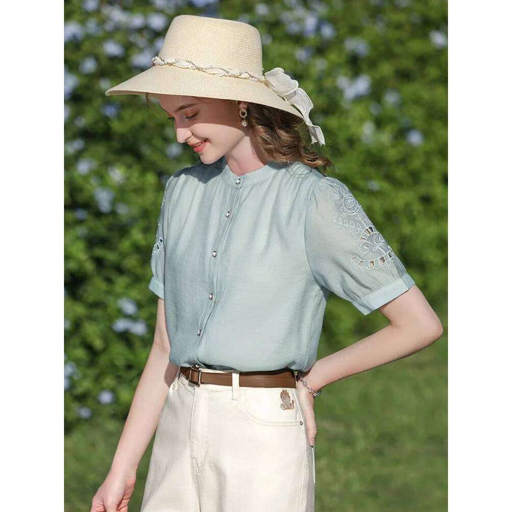 I BELIEVE YOU French Shirt & Blouse For Women 2024 Summer New Stand Collar Puff Sleeve Hollow Out Chic Shirts Lady 2241055593