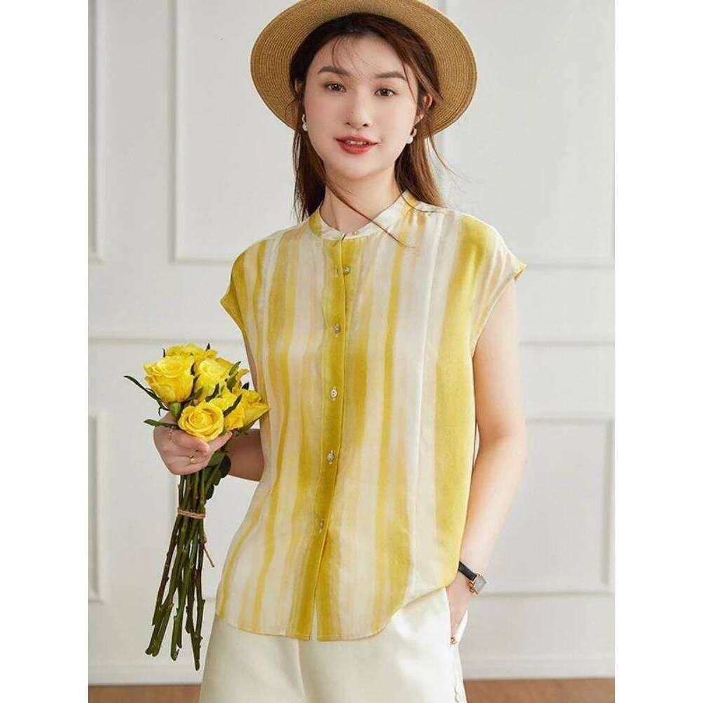 Women's Shirt and Blouse Chiffon Yellow Sleeveless Striped Female Tops Loose Summer Button Up Y2k Fashion Sale of Pretty Xl M
