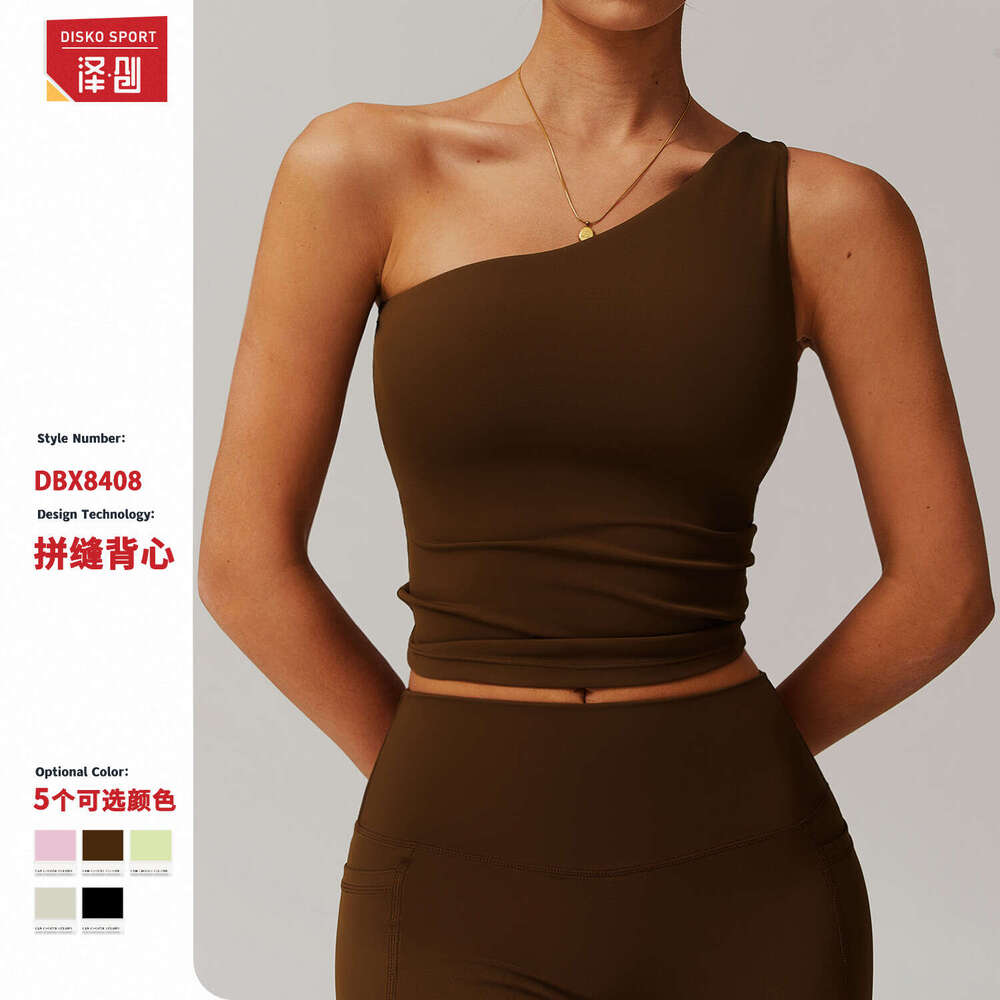 DHEssentials Womens One Shoulder Yoga Tank Top Asymmetrical Waist Cinched Athletic Crop Top for Gym Running Fitness Training