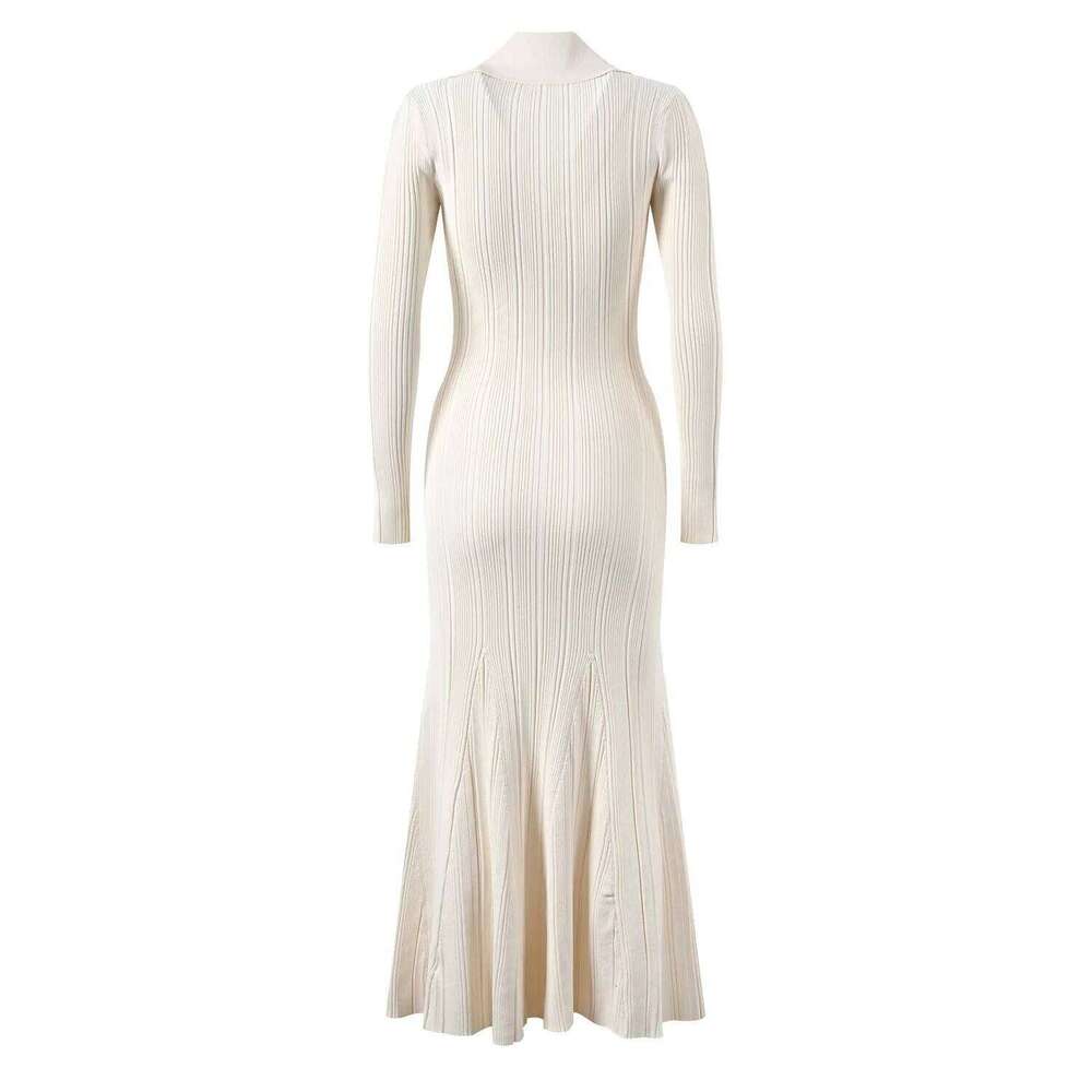 Romantic French Style Polo Collar Dias Buttons Biege Color Full Length Knitting Dress for Tall Women High Quality