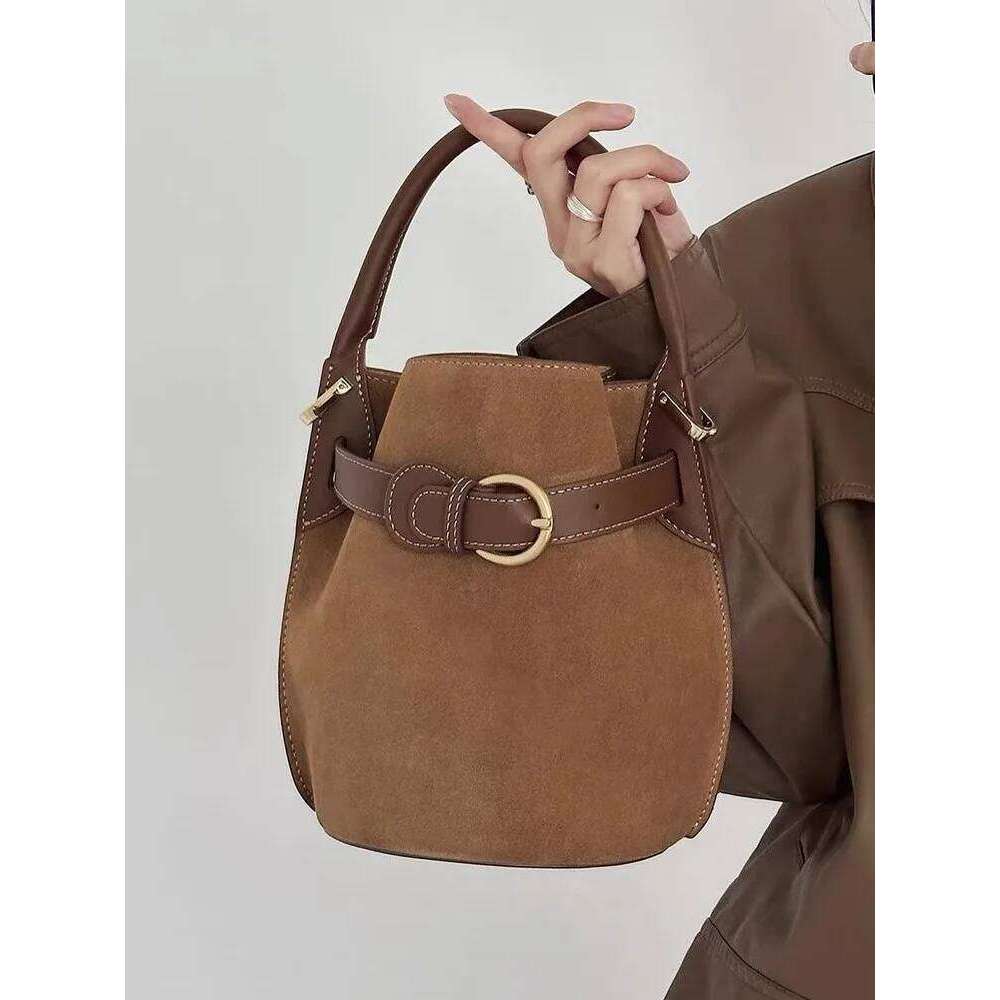 Women Casual Suede Spliced Cow Split Leather Bucket Buckle Designer Shoulder Bags Totes Handbag Strap Crossbody Bag