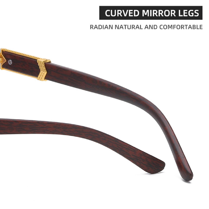Women Luxury Rimless Sunglasses Rectangle Anti UV400 Color Lens with Wooden Grain Leg Unisex Retro Shades
