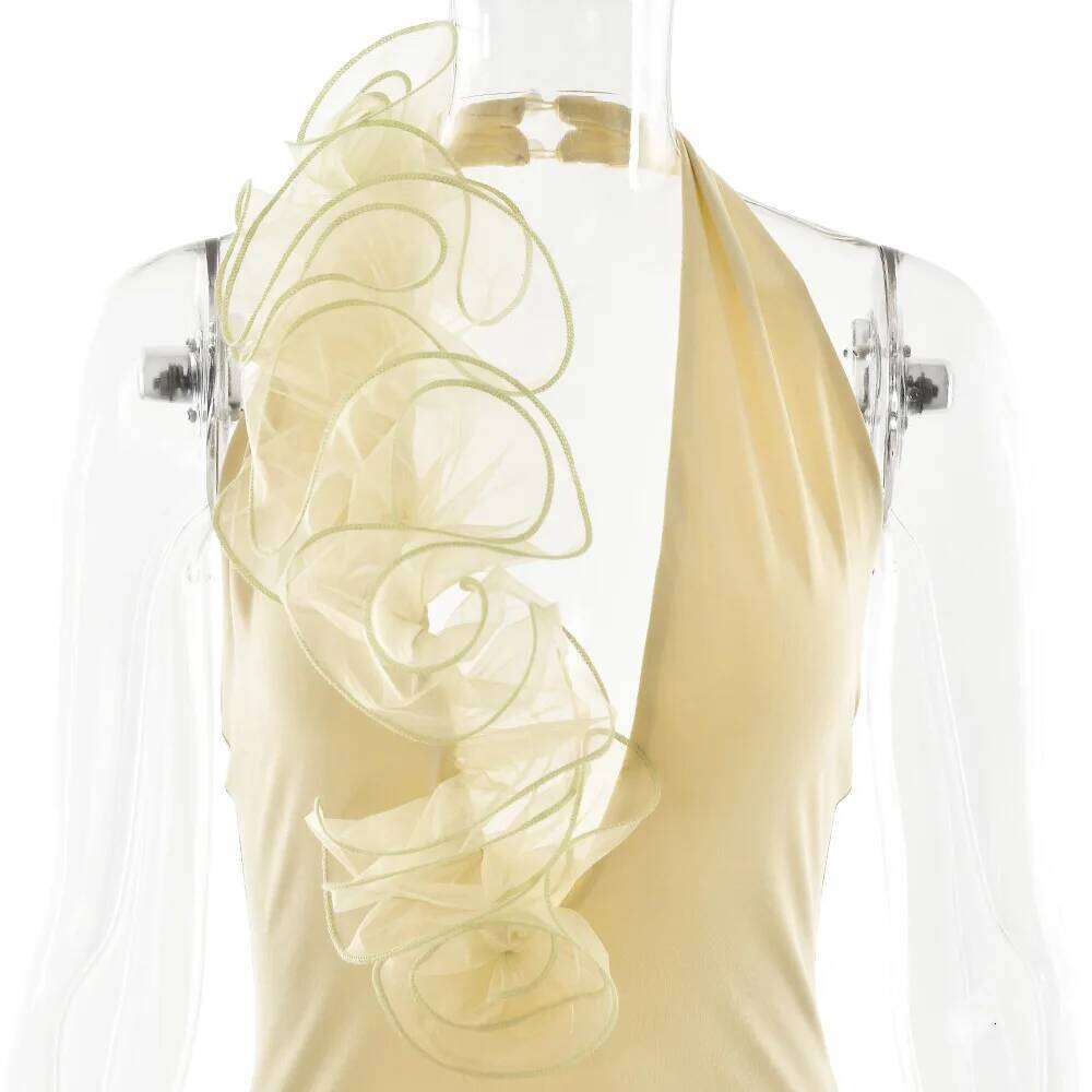 Mesh Rose Deep V Neck Sexy Maxi 2025 Summer Women Gown Elegant Halter Sleeveless Backless Bodycon Club Party Long Dress