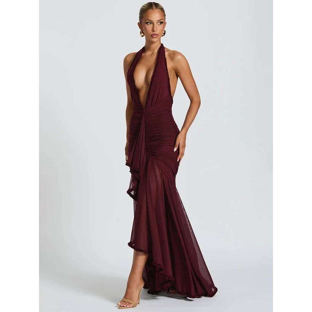 Mozision Elegant Halter Deep V Neck Sexy Maxi Women Fashion Sleeveless Backless Ruched Evening Club Party Long Dress
