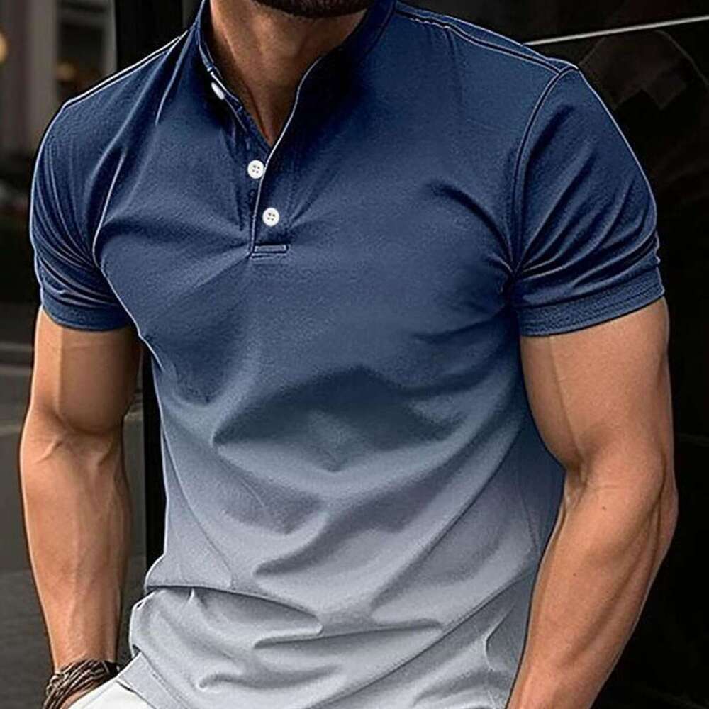 Spring Summer New Fashion Men's Stand Collar Gradient Casual Short Sleeve Golf Henley Shirt B5