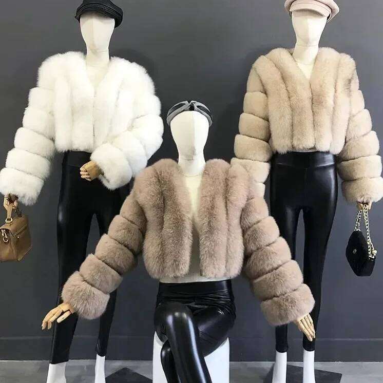Open Women Faux Fur Coats Thick Warm Fox Short Coat Turn Down Collar Solid Full Sleeve Elegant Splice Autumn Winter