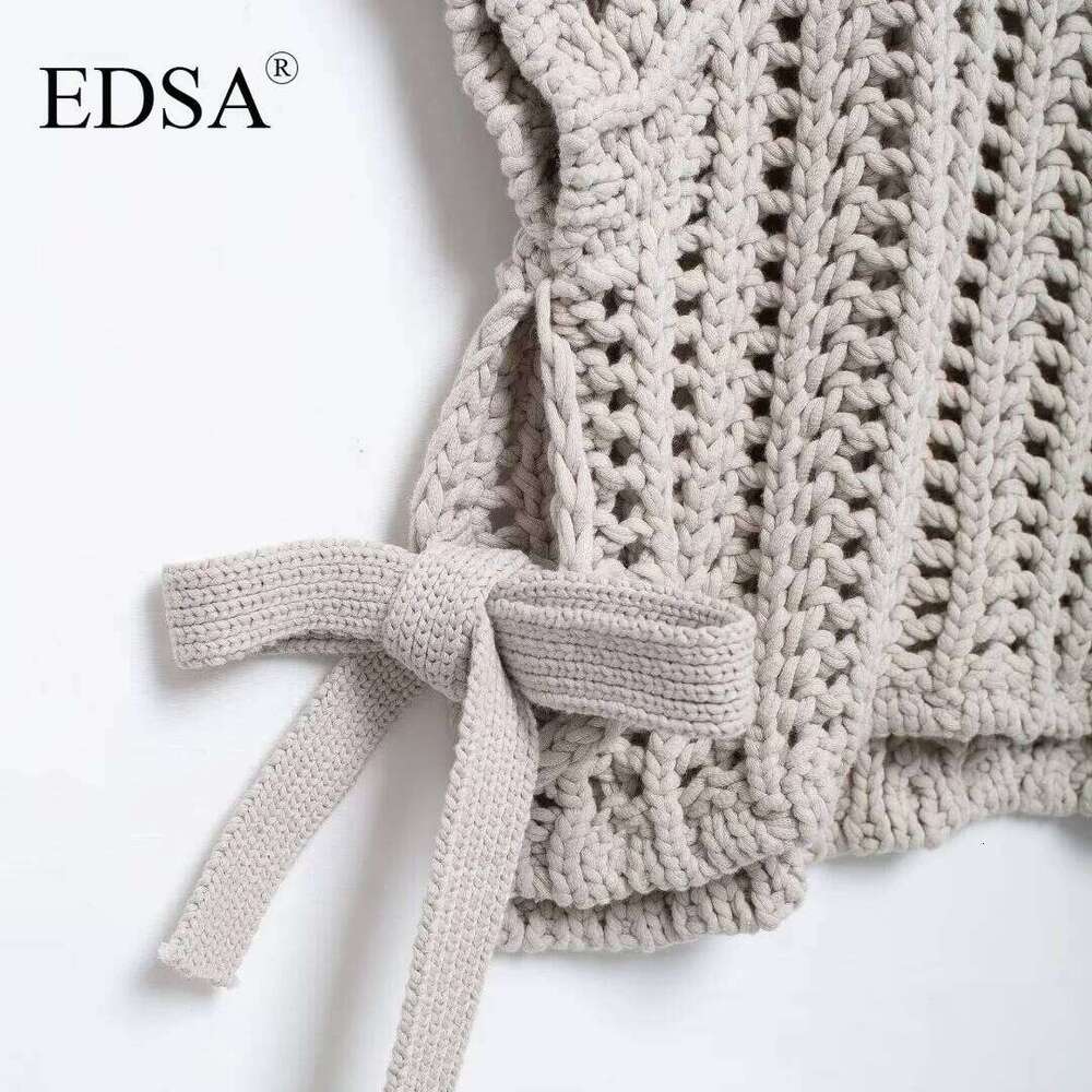 EDSA Women Chunky Knit Top with Side Straps O-Neck Short Sleeves Hollow Out Cropped Sweater Pullover for Casual Female