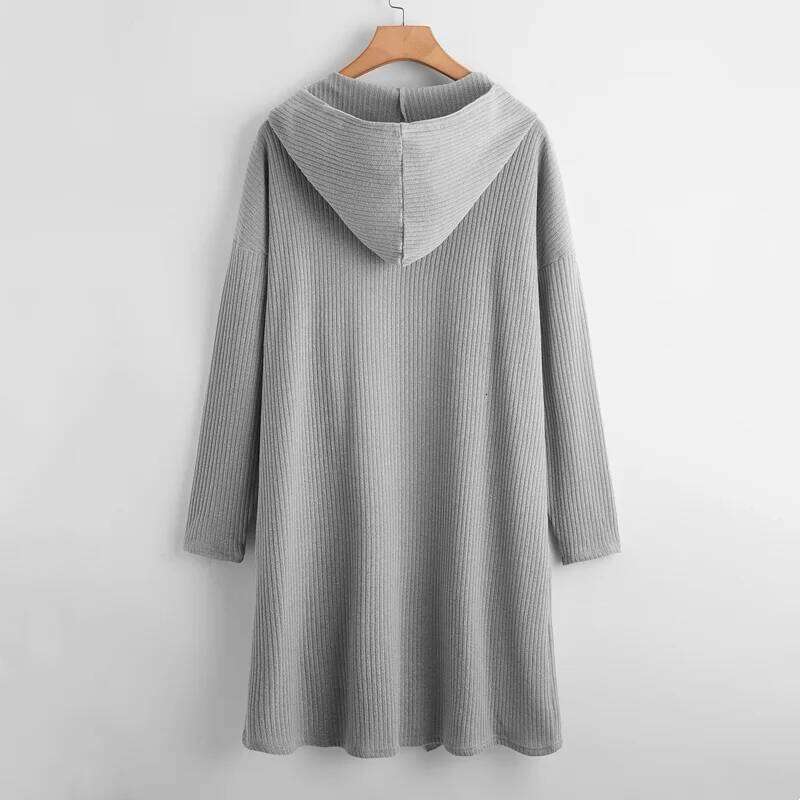 Plus Open Spring Autumn Hooded Cardigan Long Sleeve Pocket Front Ribbed Knit Loose Duster Coat Jacket Large Size 7Xl