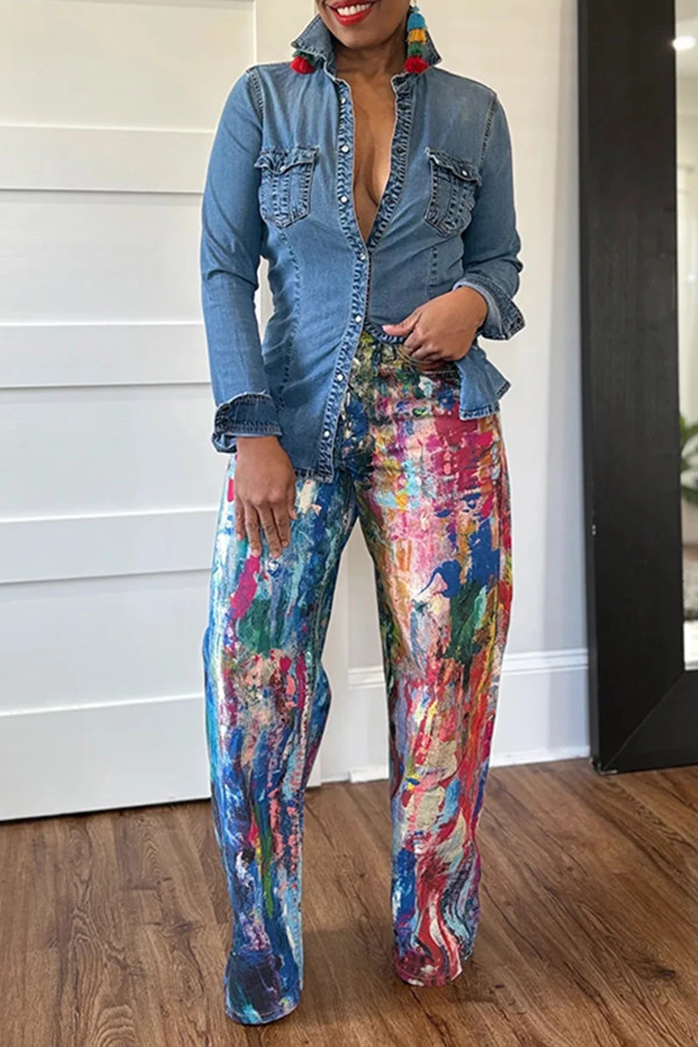 Plus Size Festival Multicolor Graphic Pocket Denim Straight Leg Jeans 250609
