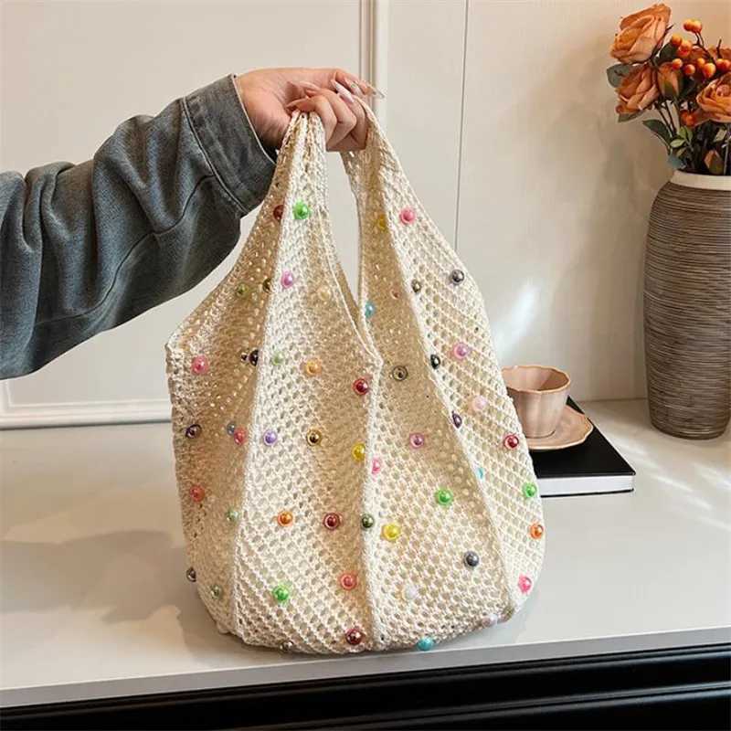 Summer Commuting Woven Bag for Women Single Armpit Bag Fashion Large Capacity Tote Bag Beach Pearl Hollow Handbag Shoulder Bag XJ250610