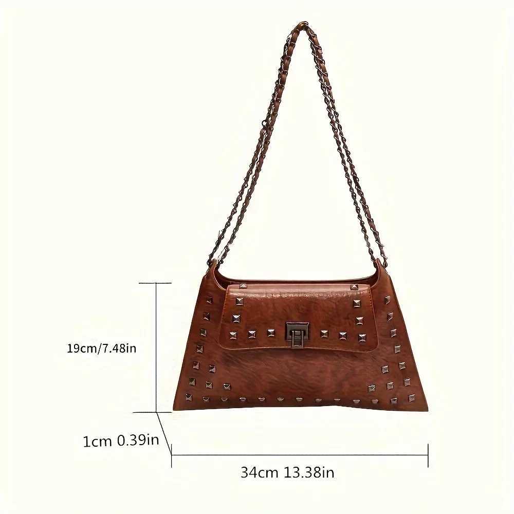 Chic Vintage Rivet Crossbody Bag - Waterproof Faux Leather Adjustable Strap Solid Color with Kiss Lock Closure XJ250610