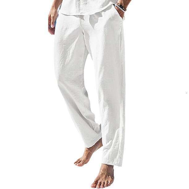Cotton Linen Long Summer Beach Drawstring Elastic Waist Solid Comfortable Breathable Outdoor Casual Pants Men B5