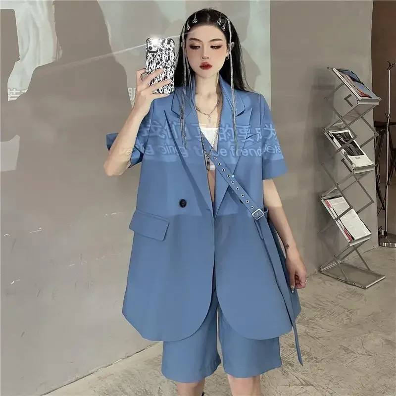 Summer Fashion Two Piece Suit Women Loose Short Sleeve Blazers Casual High Waist Shorts Woman Sets 250610