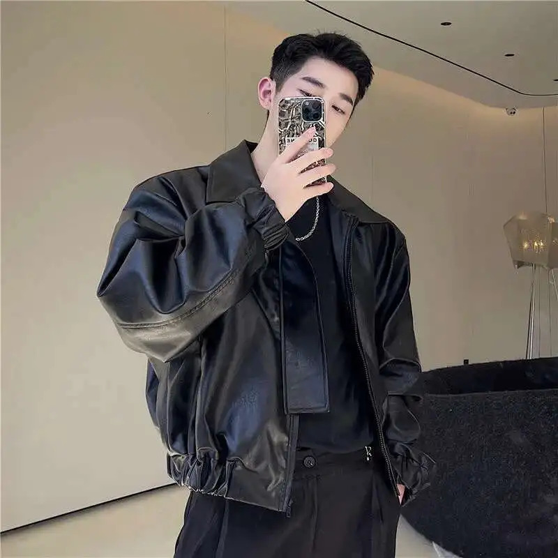 IEFB Mens Fashion Chic PU Leather Jacket Loose Lapel Zipper Long Sleeve Black Oversize Short Coat Spring Autumn 9D0643 250611