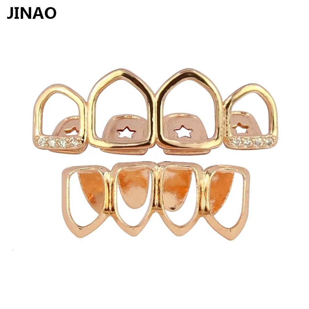 JINAO Grill Set Gold Color Plated Four Full Open Face Hollow Tooth Top with CZ Bottom Teeth Grills Sets For Men Women 250610