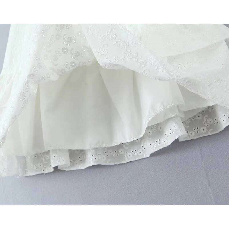 Summer 2025 Women Floral Embroidery Ruffle Sleeveless Mini Dresses Lace Up Bandage Back O Neck A-line Short White Dress