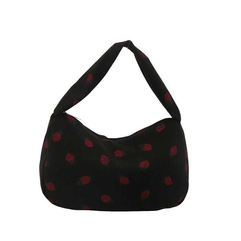 Women Small Corduroy Handbag Cute Strawberry Print Little Tote Underarm Bag Half Moon Design Eco Cloth Purse Mini Shoulder Bags XJ250610