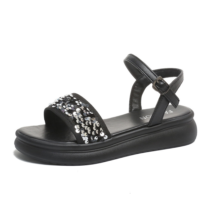Trendy Sequin Platform Non Slip Sandals Summer Outdoor Lightweight Thick Sole One Strap sandal Beach Roman Shoes For Women Ddmysaturn