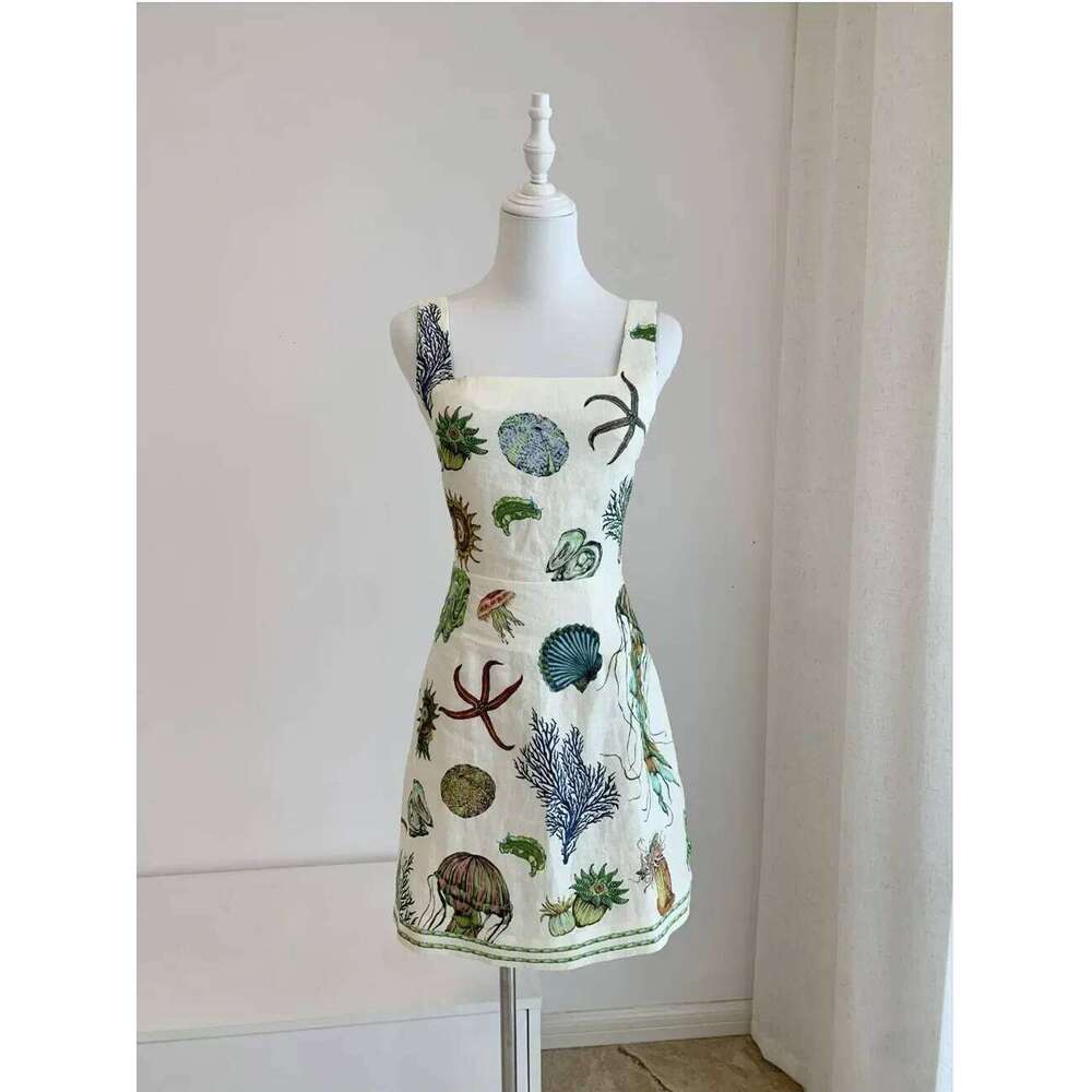 Women Sexy Backless Lace-Up Ocean Life Printed Linen Short Dress