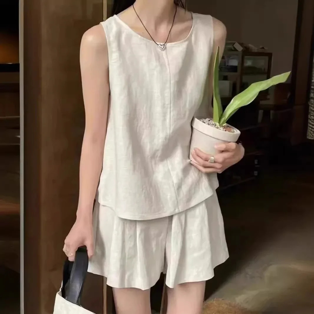 Fashionable Cotton Linen Womens Outfit Sleeveless Top Wide Leg Shorts Two Piece Set Sensation Casual Style 250606