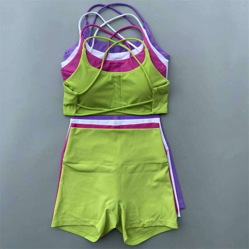 Yoga Gym Two Piece Sports Set Women Workout Outfit Fiess Suit Cross Straps Bra High Waist Shorts Running Tracksuit