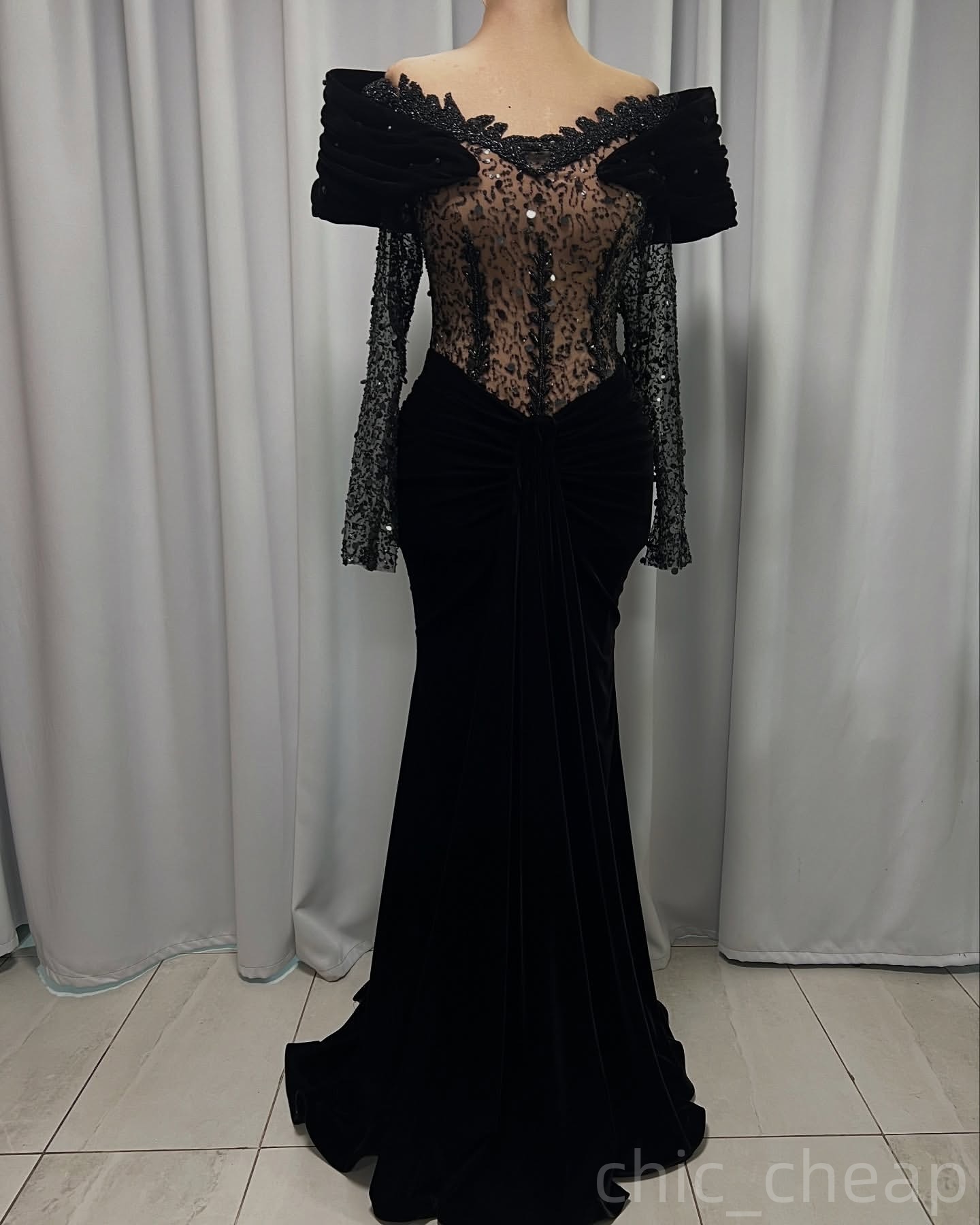 Black Mermaid Prom Dresses 2025 Lace Sequined Velvet Full Sleeves Evening Formal Party Second Birthday Engagement Gowns Plus Size Dress For Special Oc