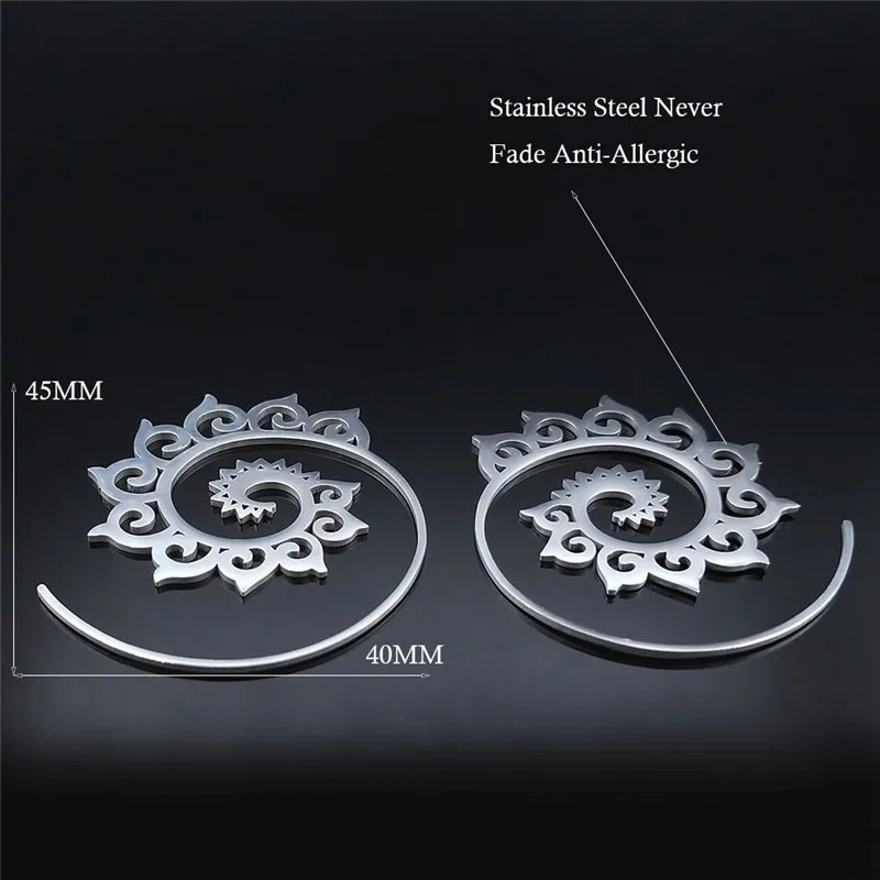Indian Tribal Ethnic Stainless Steel Spiral Hoop Earrings Bohemian Mandala Flower Boho Earrings Women Jewelry aros mujer E9205 250610