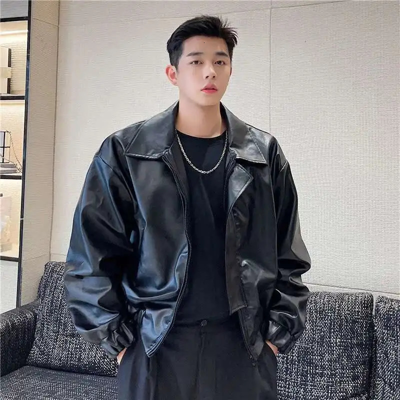 IEFB Mens Fashion Chic PU Leather Jacket Loose Lapel Zipper Long Sleeve Black Oversize Short Coat Spring Autumn 9D0643 250611