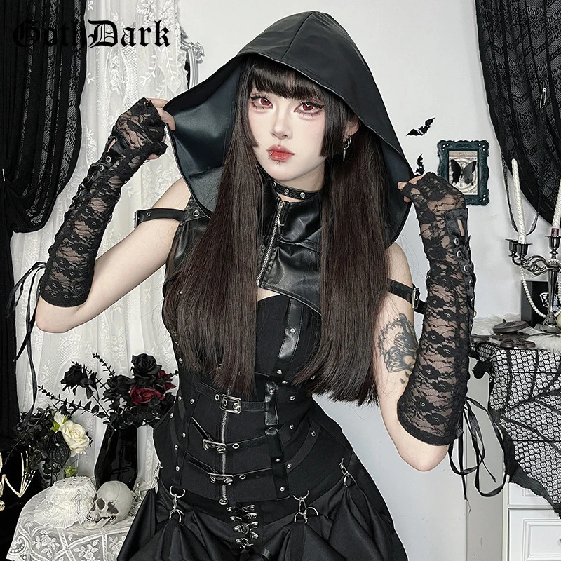 Goth Dark Punk Style Sleeveless Zip Hooded Crop Tops Women Cyber Y2K Faux Pu Leather Hoodies Smock Mall Gothic Streetwear 250610