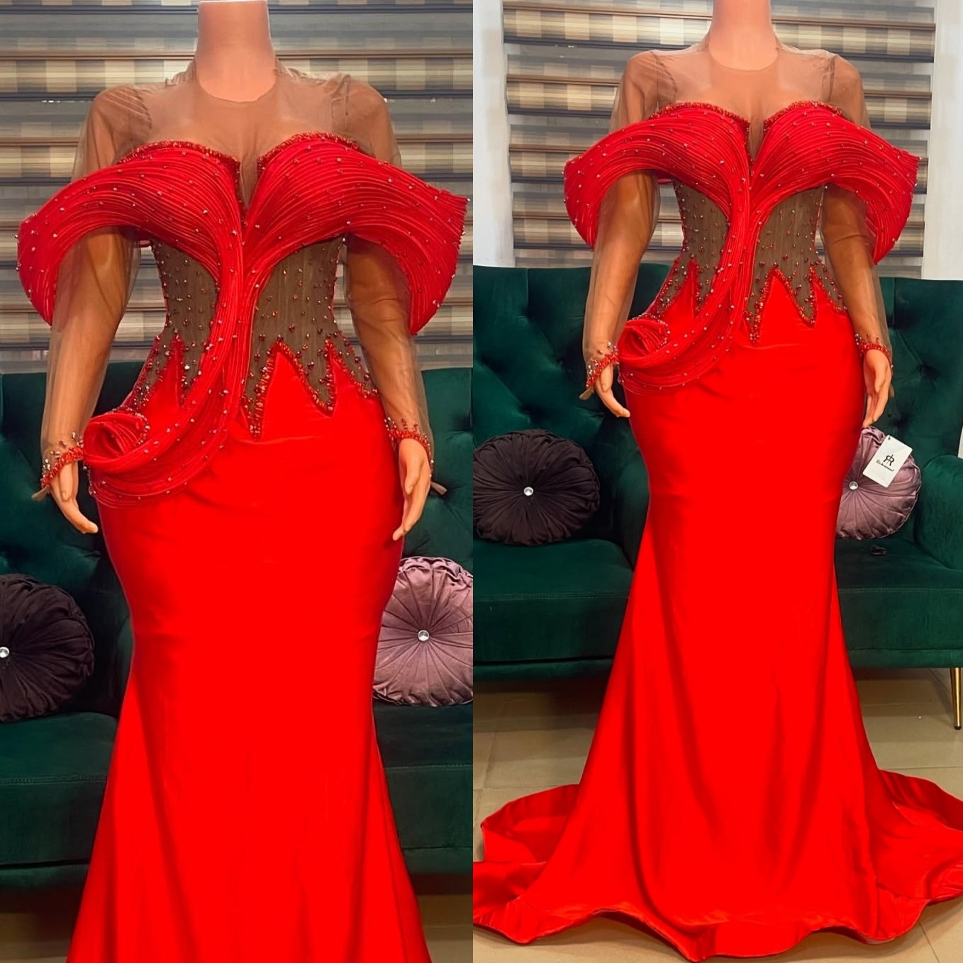 Red Mermaid Prom Dresses 2025 Beaded Crystals Satin Sheer Neck Evening Formal Party Second Birthday Engagement Gowns Plus Size Dress For Special Occas