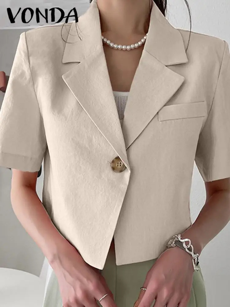 VONDA Elegant Summer Blazer Women Short Sleeve Suit Collar OL Coat Fashion Outwear Solid Color Casual Button Tunic Tops 250610
