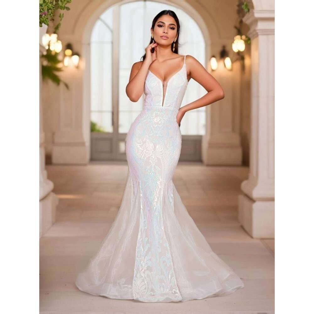 Romagic Deep V Neck Sleeveless White Wedding Party Dress Spaghetti Strap Sequined Evening Gown Women Maxi Dresses 2025