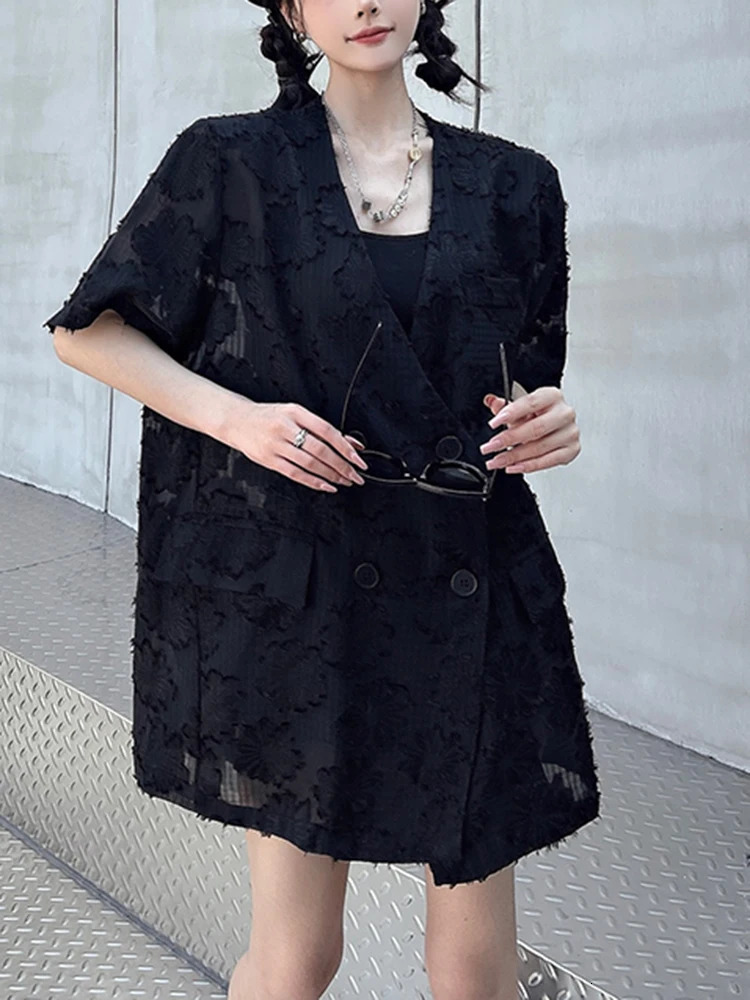 UCXQ Casual Blazer For Women Vneck Short Sleeve Jacquard Hollow Out Patchwork Versatile Female Suit Coat 23Z1497 250610