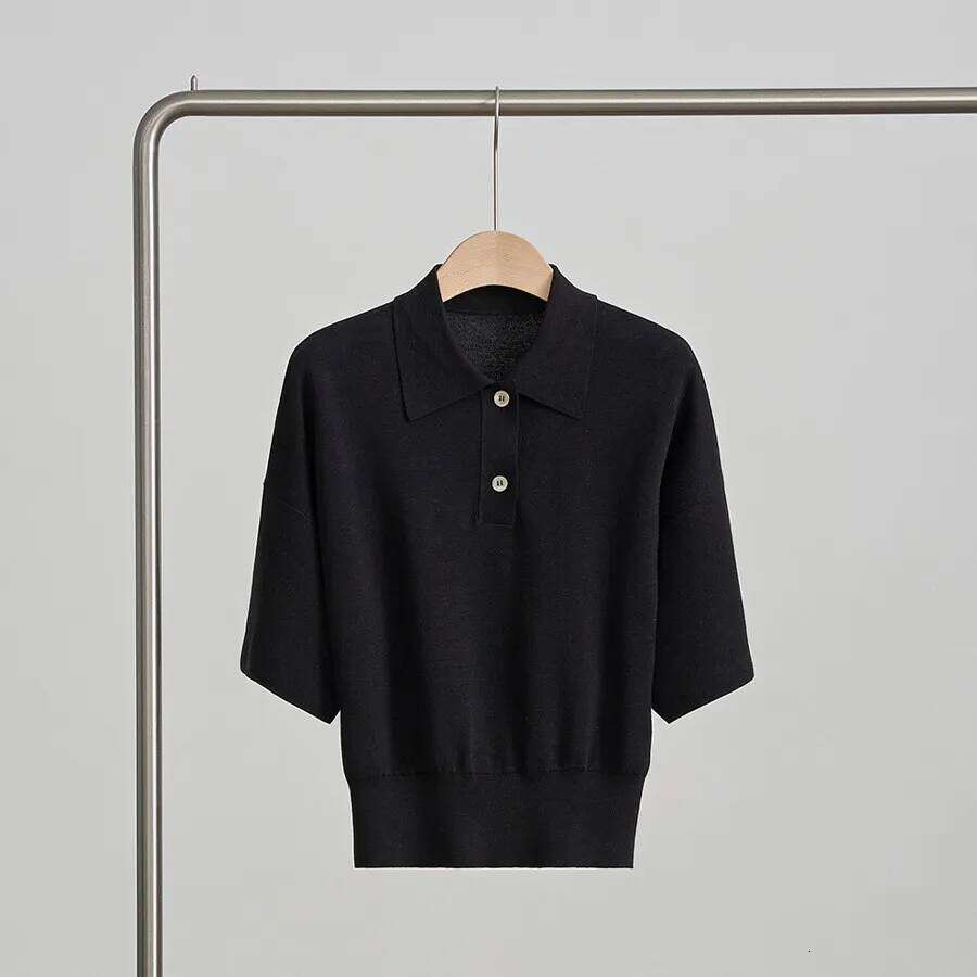 Naizaiga 58% mulberry silk 42% cotton striped POLO-collar short sleeve solid white black loose Women 2024 summer pullover JFY64