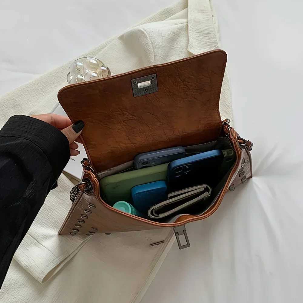 Chic Vintage Rivet Crossbody Bag - Waterproof Faux Leather Adjustable Strap Solid Color with Kiss Lock Closure XJ250610