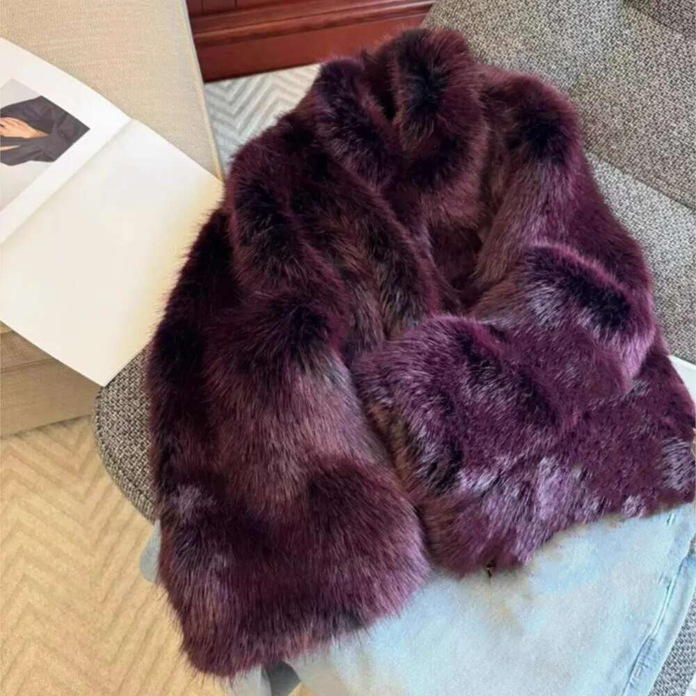 Winter Dark Purple Turn down Collar Lapel Hairy Shaggy Faux Coat Women Full Sleeve Furry Fur Warm Jacket Short Outerwear