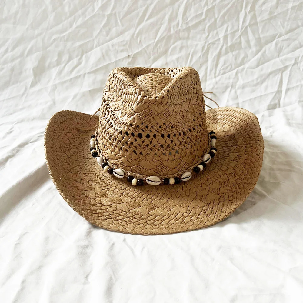 Handmade Women Men Straw Hat Summer Beach Shell Vintage Beads Hollow Out Western Wide Brim Sun Hat Fishing Holiday Bohemian Cap 250606