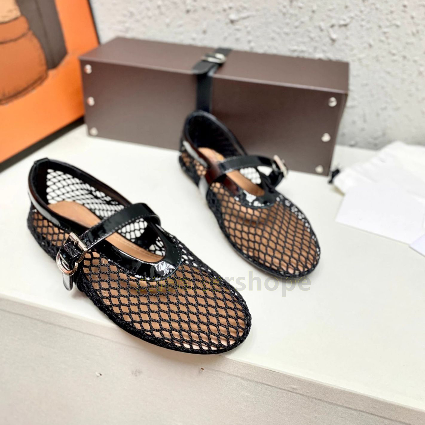 mesh hollow ballet flats heels mary jane loafers womens fashion summer women shoes balck white fishing net weaving buckle designer sandals size 35-43