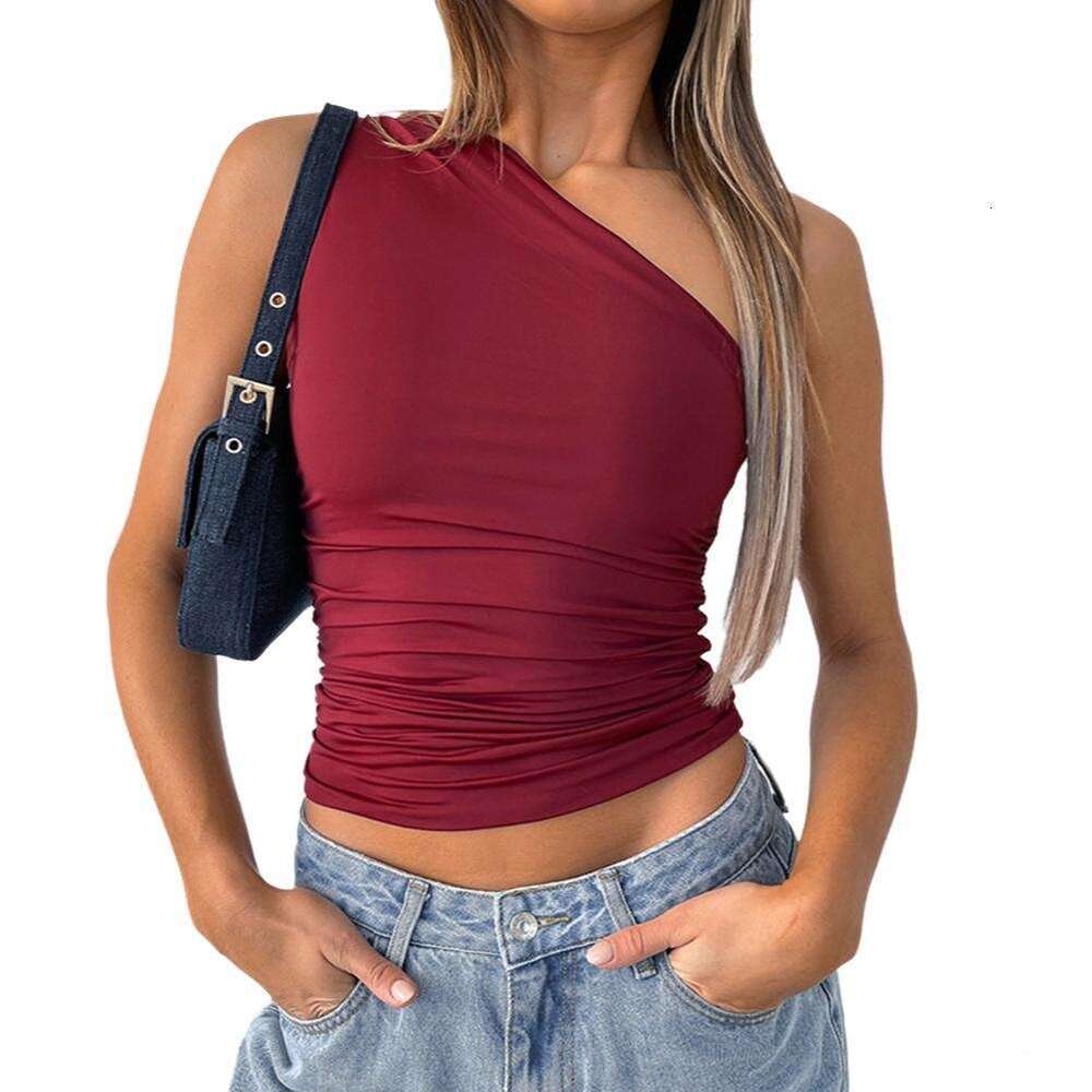 Summer Spicy Girl Unique Asymmetric Shoulder Inner Layer Base T-Shirt Crop Top Women's Fashion B5