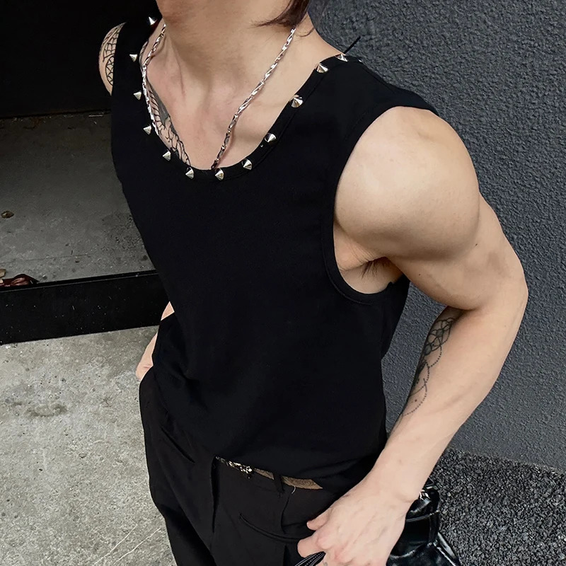 IEFB Mens T-shirts Sleeveless Summer Nail Drill Loose Round Neck Trendy Solid Color Simple Male Clothing 9W1728 250611