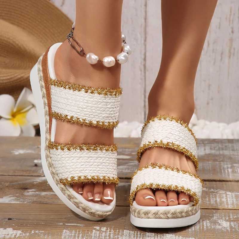 Vintage Woven Wedge Heeled Slippers Women Summer Plus Size 36-43 Thick Bottom Sandals Woman Comfort Platform Beach Sandals Mujer XJ250610