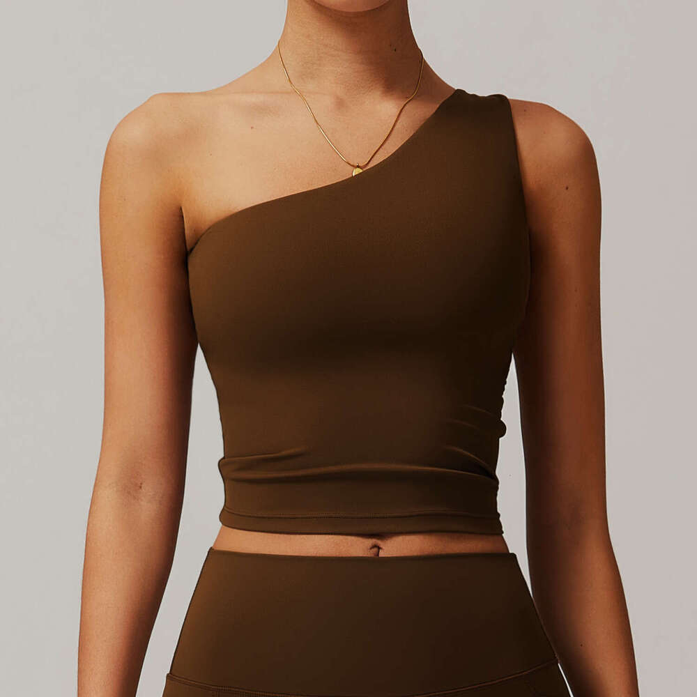 DHEssentials Womens One Shoulder Yoga Tank Top Asymmetrical Waist Cinched Athletic Crop Top for Gym Running Fitness Training