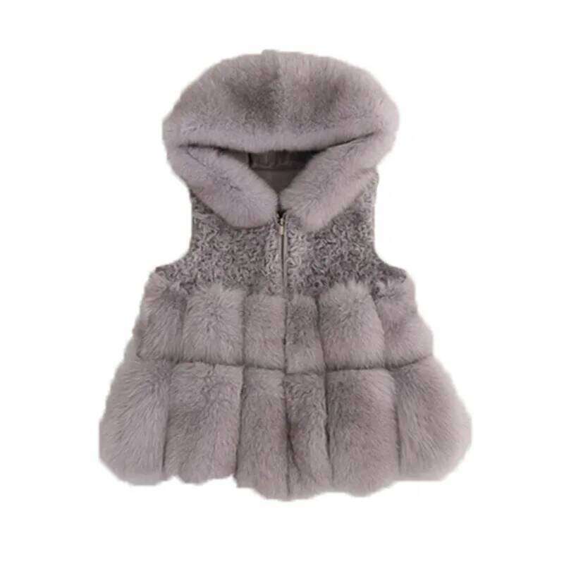 Female Short 2021 New Casual Korean Fashion One Piece Imitation Fox Fur Hooded Vest Thin Waistcoat High Quality