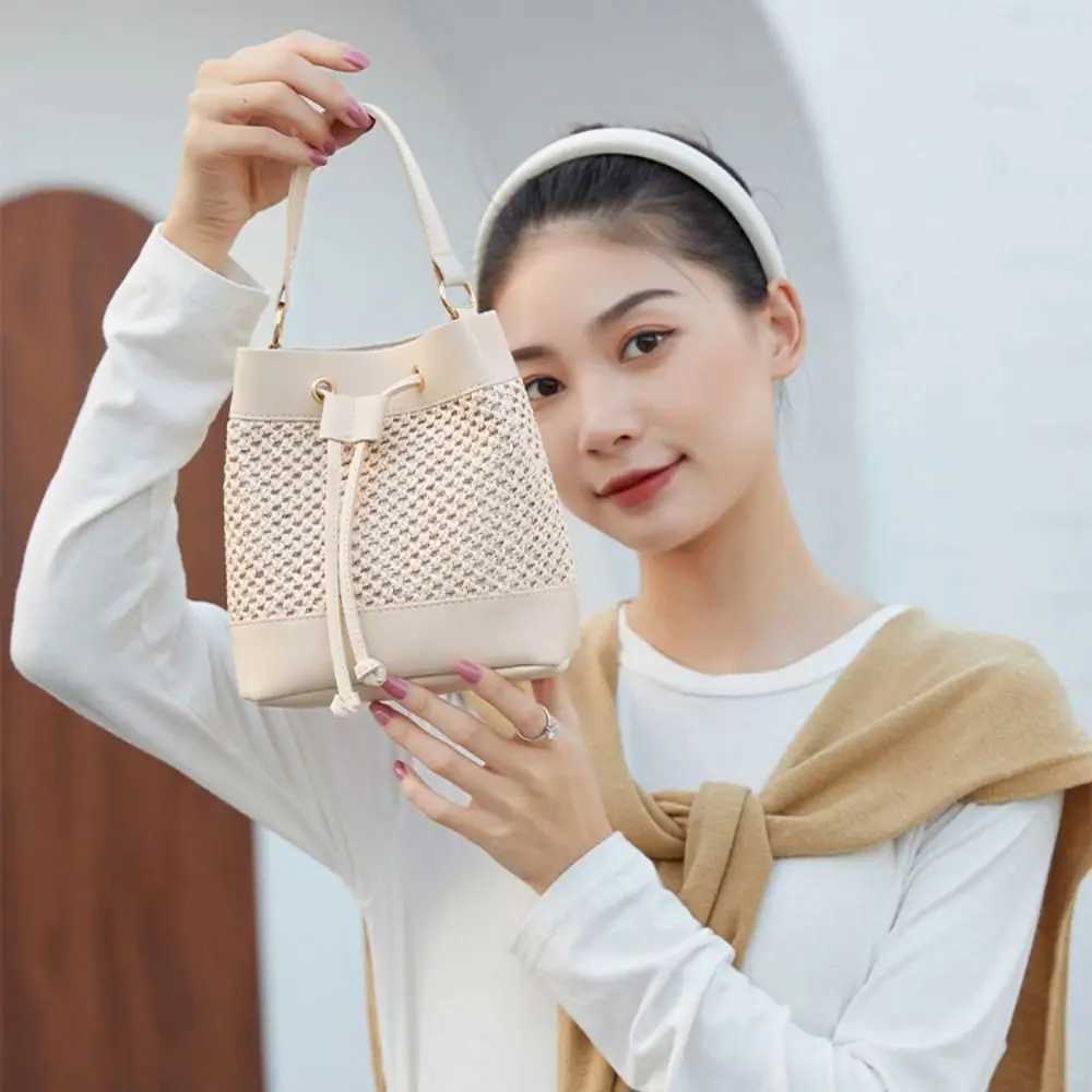 Fashion Bundle Pocket Straw Crossbody Bag Woven Commute Drawstring Bucket Bag Handbag Messenger Bag Beach Shoulder Bag Ladies XJ250610