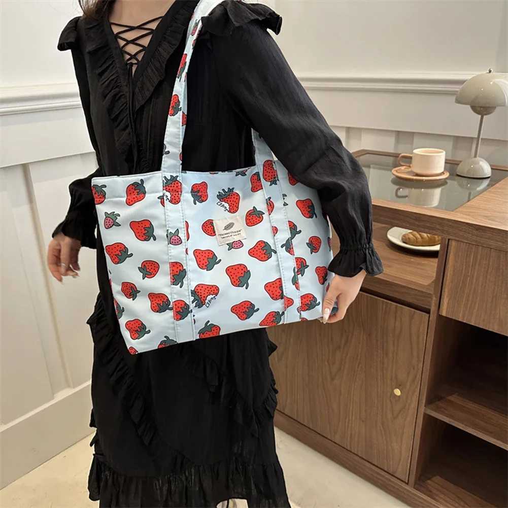 Cute Cherry Strawberry Print Casual Tote Bag Large Capacity Shopping Bag Nylon Aesthetic Handbag Grocery Bag for Women XJ250610